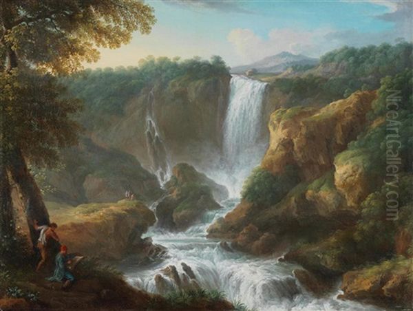 The Cascata Delle Marmore At Terni With An Artist, Sketching In The Foreground Oil Painting by Jan Frans van Bloemen