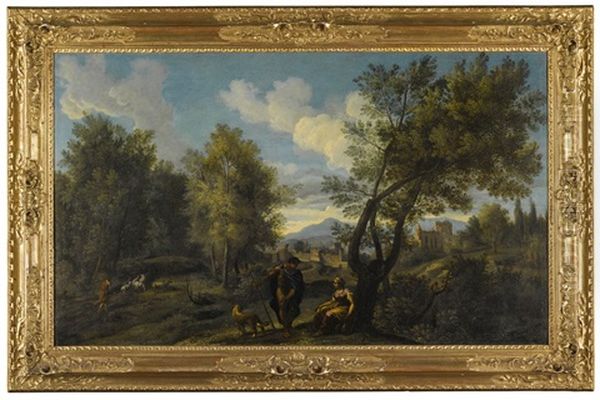 A Pastoral Landscape With Shepherds Before A Town Oil Painting by Jan Frans van Bloemen