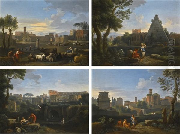 Rome, Four Classical Views With Figures: The Campo Vaccino; The Colosseum And The Arch Of Constantine; The Pyramid Of Cestius; And The Arch Of Constantine, With The Arch Of Titus, The Tower Of The Campidoglio, The Temple Of Venus And The Clock Tower Of Sa Oil Painting by Jan Frans van Bloemen