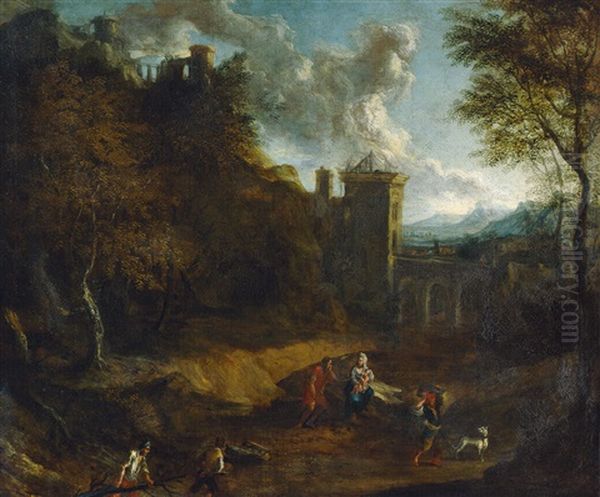 Sudliche Landschaft Mit Viadukt Und Kastell, Im Vordergrund Landvolk Oil Painting by Jan Frans van Bloemen