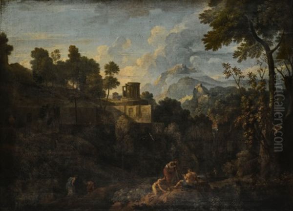 Landscape With The Temple Of Vesta, Tivoli, With Figures Resting On The Bank Of The River Oil Painting by Jan Frans van Bloemen