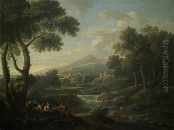 An Italianate Landscape With Figures Resting By A River Oil Painting by Jan Frans van Bloemen