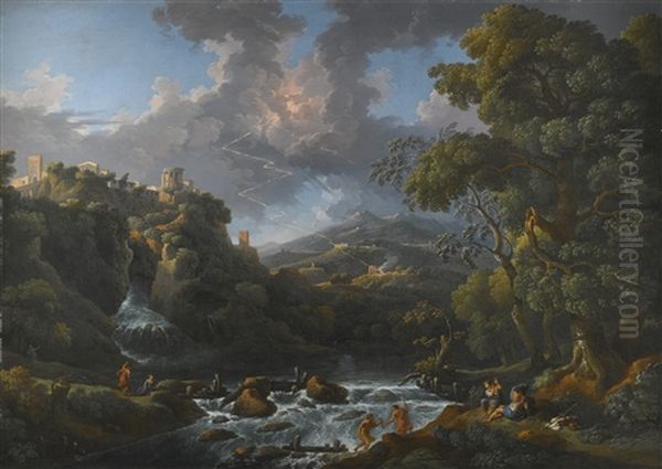 A Scene In The Roman Campagna With A Capriccio View Of Tivoli And A Bolt Of Lightning Oil Painting by Jan Frans van Bloemen