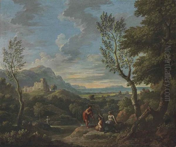 An Extensive Classical Landscape With Shepherds And Shepherdesses, A Fortified Town Beyond Oil Painting by Jan Frans van Bloemen