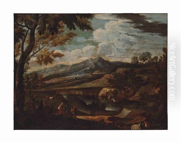 An Arcadian River Landscape With Figures Resting On A Path Oil Painting by Jan Frans van Bloemen