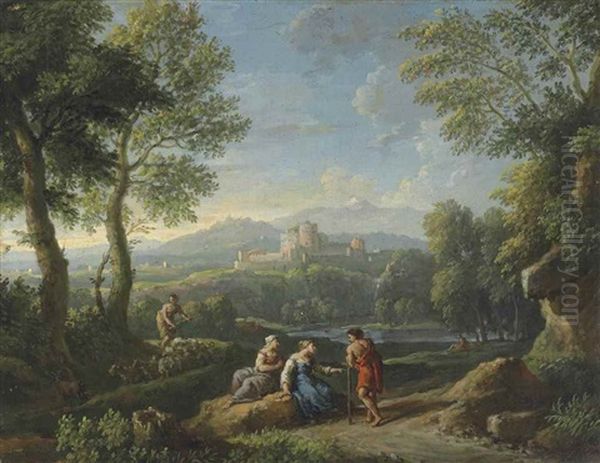 An Extensive Wooded River Landscape With Travellers Resting By A Path And A Shepherdess Herding Goats And Sheep, A Fortified Town Beyond Oil Painting by Jan Frans van Bloemen