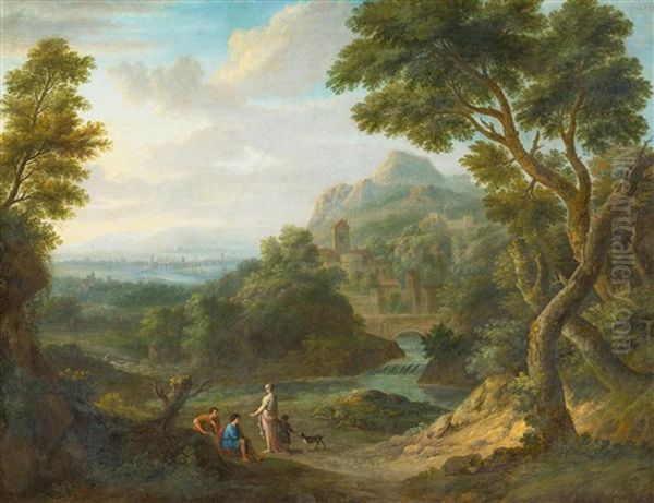 Arkadische Flusslandschaft Mit Hirten Oil Painting by Jan Frans van Bloemen