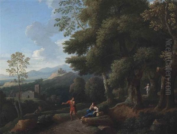 A Wooded Landscape With Figures Conversing, Ruins Beyond Oil Painting by Jan Frans van Bloemen