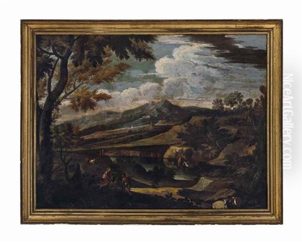 An Arcadian River Landscape With Figures Resting On A Path by Jan Frans van Bloemen