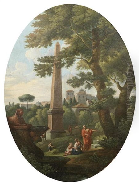 Figures Resting In Italianate Landscapes, Within Painted Ovals (2 Works) Oil Painting by Jan Frans van Bloemen