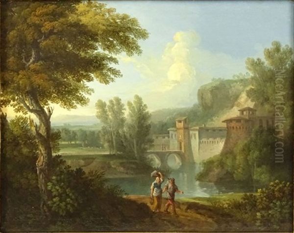 Italinate River Landscape With Travelers On Path Oil Painting by Jan Frans van Bloemen