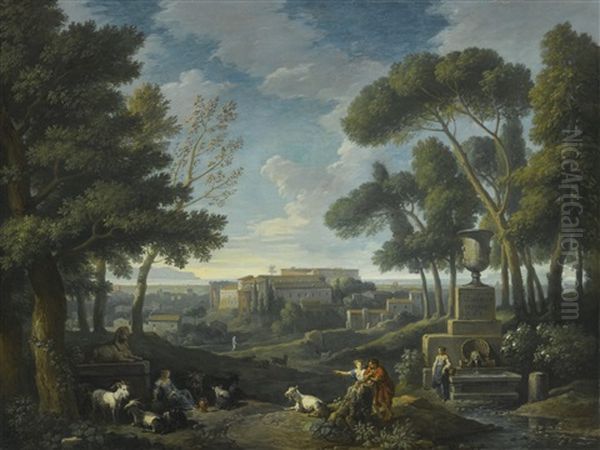 A Wooded Landscape With A Fountain, A Capriccio View Of Rome Beyond Oil Painting by Jan Frans van Bloemen