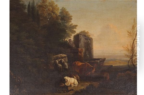 An Italianate Landscape With Animals In The Foreground And Architectural Elements Oil Painting by Jan Frans van Bloemen