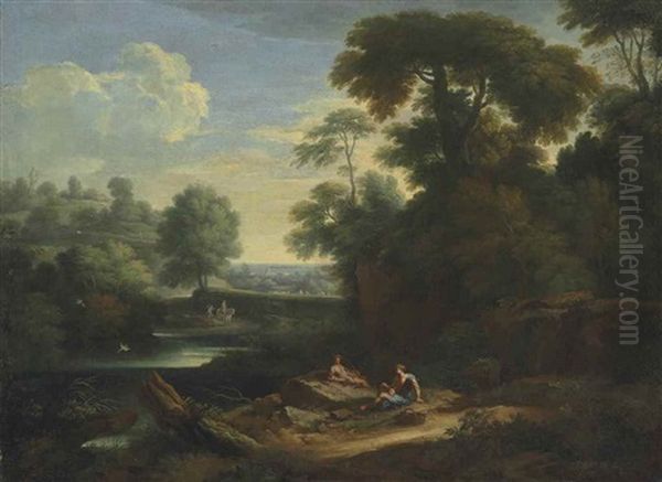 An Italianate Wooded Landscape With Arcadian Figures Resting Beside A Lake, The Pyramid Of Cestius Beyond Oil Painting by Jan Frans van Bloemen