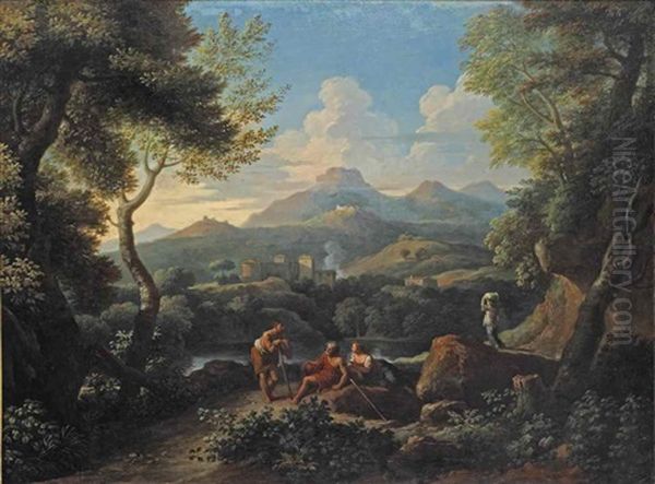 An Arcadian Landscape With Figures Conversing On A Rocky Path Near A Lake, An Italian Village Beyond Oil Painting by Jan Frans van Bloemen