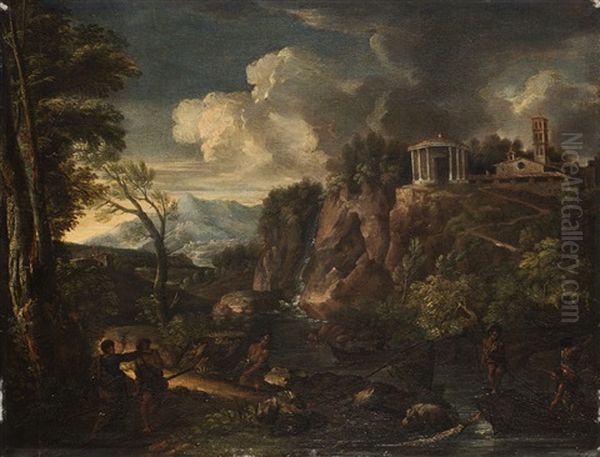 Paesaggio Con Cascata E Il Tempio Della Sibilla A Tivoli Oil Painting by Jan Frans van Bloemen