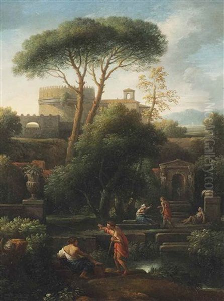 An Italianate Landscape With Washerwomen And Other Figures Conversing By A Stream, Classical Buildings Including The Tomb Of Cecilia Metella Beyond Oil Painting by Jan Frans van Bloemen