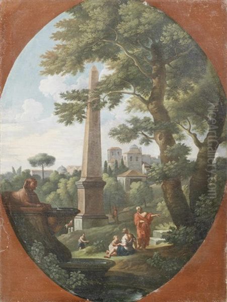 Figures Resting Before A Roman Villa, Within A Painted Oval; And Figures Resting Before A Town, Within A Painted Oval (2) Oil Painting by Jan Frans van Bloemen