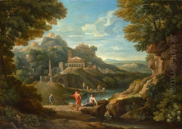 Arcadian Landscape With Roman Monuments Oil Painting by Jan Frans van Bloemen