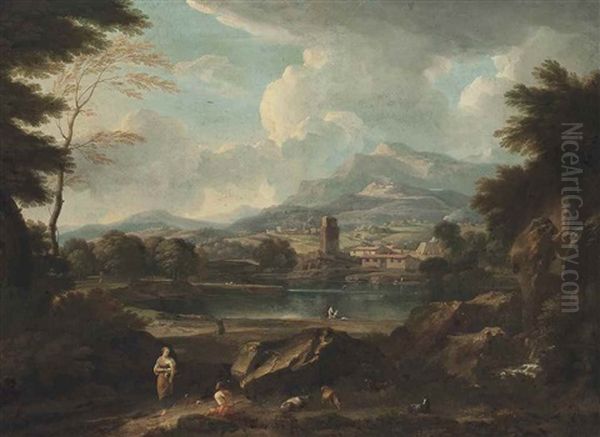 A Wooded Landscape With Figures And Goats By A Lake, A Town And Mountainous Landscape Beyond Oil Painting by Jan Frans van Bloemen