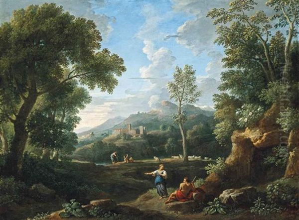 A Wooded River Landscape With Classical Figures Conversing, Towns Beyond Oil Painting by Jan Frans van Bloemen