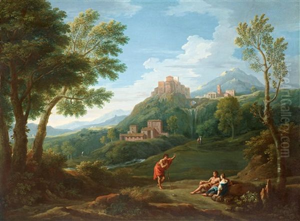 Arkadische Landschaft Mit Drei Figuren Im Vordergrund Und Einer Stadt Auf Dem Hugel; Arkadische Landschaft Mit Vier Figuren Im Vordergrund Und Einer Stadt Auf Dem Hugel Oil Painting by Jan Frans van Bloemen