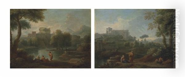 A Classical Landscape With The Tomb Of Cecilia Metella, Figures Conversing On The Bank Of A River, Mountains Beyond (+ A Classical Landscape With A Capriccio Of The Vatican Belvedere, Figures Conversing In The Foreground; Pair) Oil Painting by Jan Frans van Bloemen