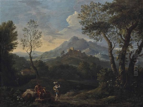 An Extensive Mountainous Landscape With Classical Figures In The Foreground, A Castle On The Hilltop Beyond Oil Painting by Jan Frans van Bloemen