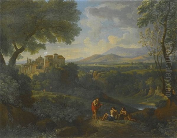 Classical Landscape With A Distant View Of A Town And A Waterfall With Three Figures Conversing On A Path Oil Painting by Jan Frans van Bloemen