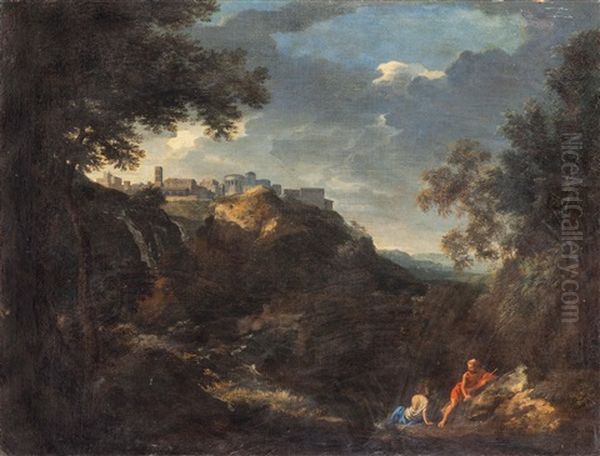 Paesaggio Con Figure E Veduta Di Tivoli Oil Painting by Jan Frans van Bloemen