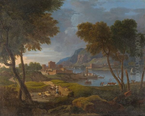 Sudliche Fluslandschaft Mit Schafern Und Herde Oil Painting by Jan Frans van Bloemen