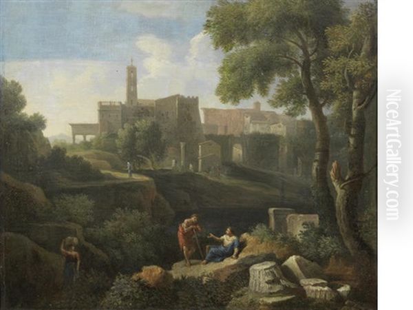 An Italianate Landscape With Classical Figures Conversing And A Village Beyond Oil Painting by Jan Frans van Bloemen