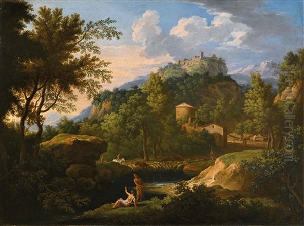 Eine Akardische Landschaft Mit Figuren Am Fluss Und Einer Stadt Im Hintergrund Am Hugel (+ Another, Similar; Pair) Oil Painting by Jan Frans van Bloemen