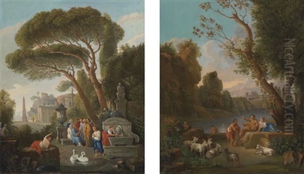 Italianate Landscapes With Classical Figures And Herders Beside Fountain (pair) Oil Painting by Jan Frans van Bloemen