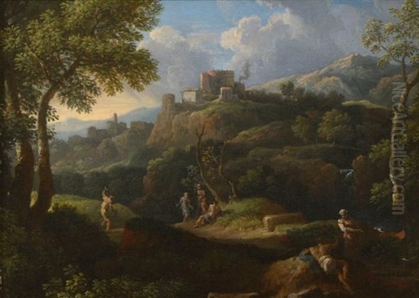 Paysage De La Campagne Romaine Avec Patres Au Repos Et Villageois Oil Painting by Jan Frans van Bloemen