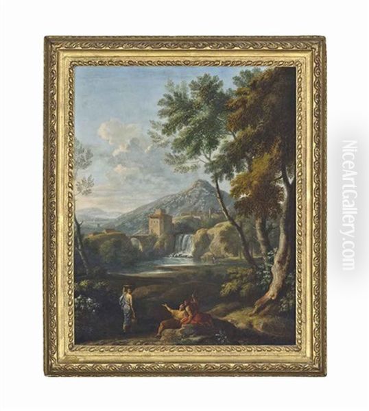 An Italianate River Landscape With Classical Figures Conversing, A Waterfall Beyond Oil Painting by Jan Frans van Bloemen