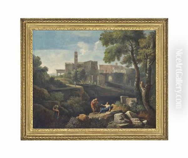 An Italianate Landscape With Classical Figures Conversing, And A Settlement Beyond Oil Painting by Jan Frans van Bloemen