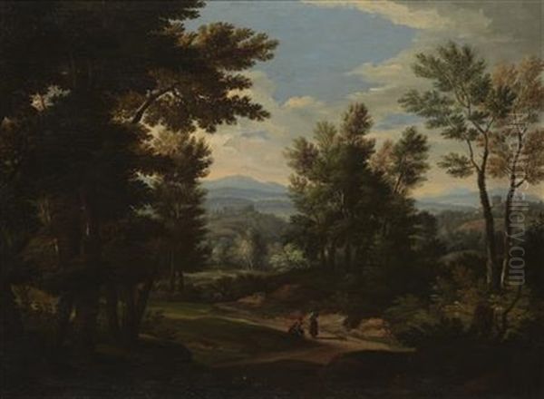 A Wooded Classical Landscape With Figures On A Path Oil Painting by Jan Frans van Bloemen