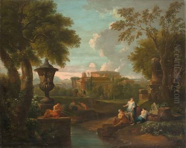 Arcadian Roman Landscape With Colosseum Oil Painting by Jan Frans van Bloemen