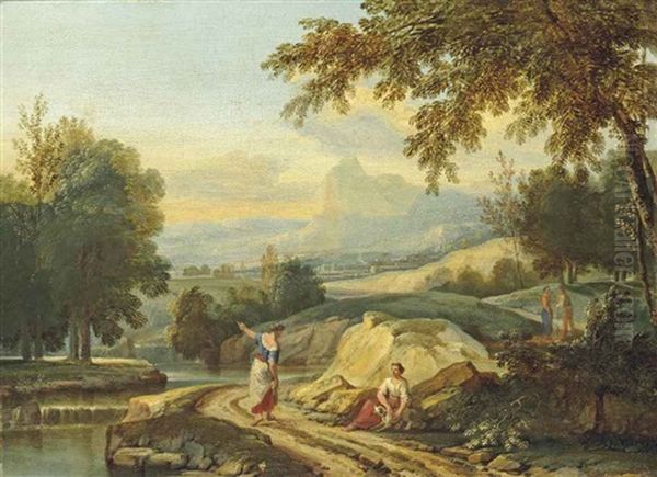 An Extensive River Landscape With Figures Conversing On A Bank, Mountains Beyond Oil Painting by Jan Frans van Bloemen