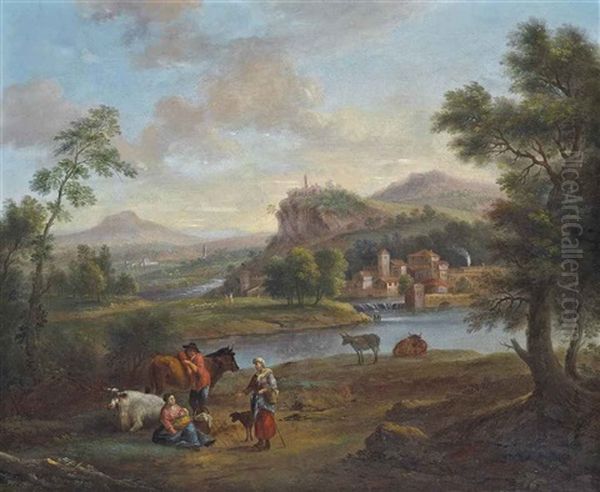 An Italianate River Landscape With Travellers At Rest Oil Painting by Jan Frans van Bloemen