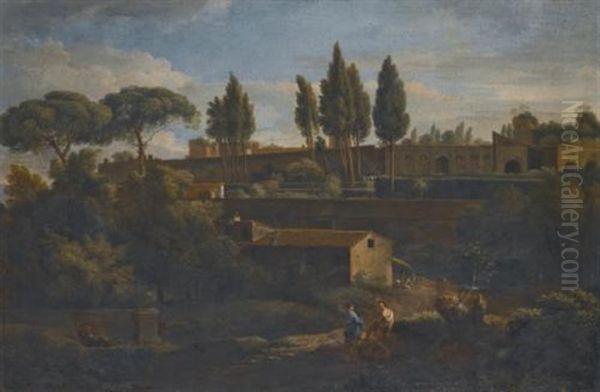 Rome, A Terraced Garden, Probably That Of The Villa Silvestri Rivaldi Oil Painting by Jan Frans van Bloemen