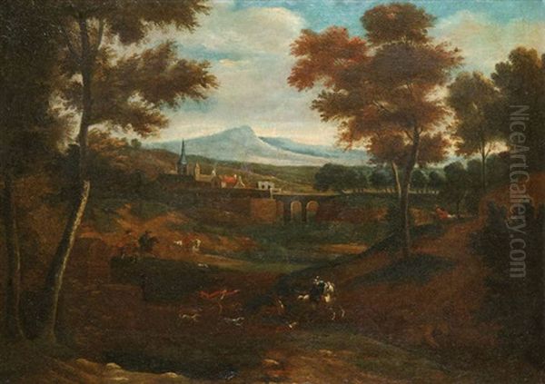 Paysage Mediterraneen Anime D'une Chasse Au Cerf Oil Painting by Jan Frans van Bloemen