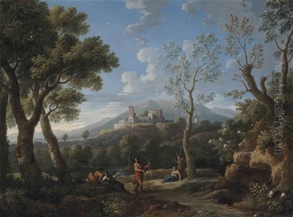 An Extensive Landscape With Classical Figures At Rest, A Hill-top Town Beyond Oil Painting by Jan Frans van Bloemen