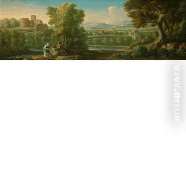 Italian Landscape With A Peasant Couple In The Foreground Oil Painting by Jan Frans van Bloemen