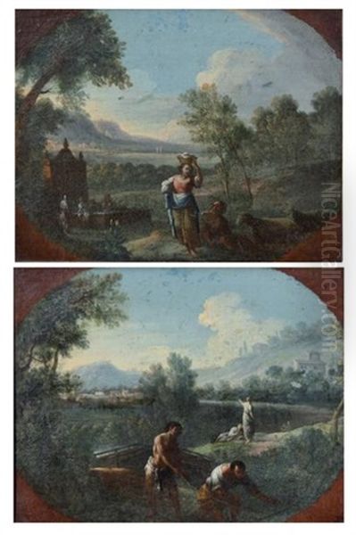 Pecheurs Dans Un Paysage De La Campagne Romaine (+ Deux Bergers Et Leur Troupeau Dans Un Paysage De La Campagne Romaine; Pair) Oil Painting by Jan Frans van Bloemen