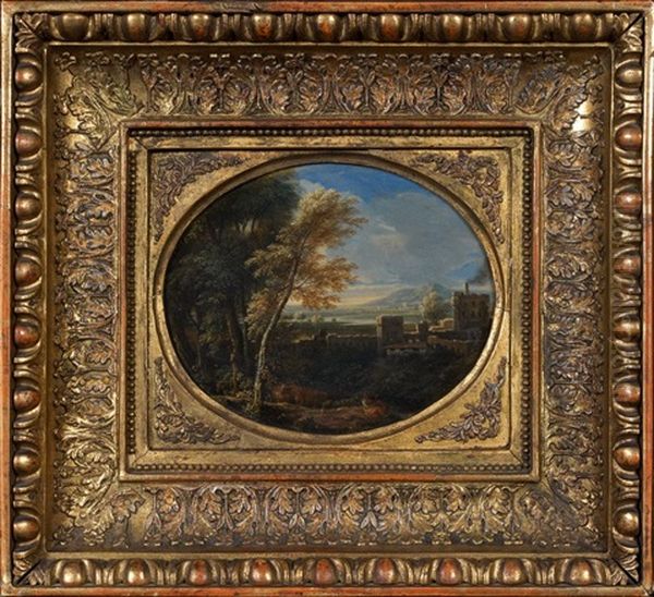 Paysage Dans La Campagne Romaine Avec Berger, Troupeau Et Un Chateau Au Loin Oil Painting by Jan Frans van Bloemen