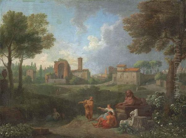 An Italianate Landscape With Figures Conversing By A Sphinx, A Town Beyond Oil Painting by Jan Frans van Bloemen