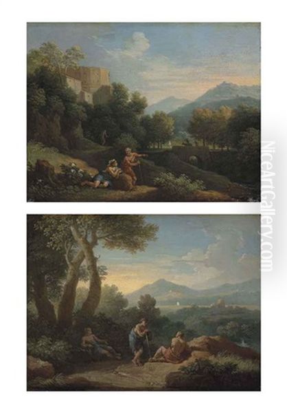 A Mountainous Italianate Landscape With Arcadian Figures Conversing On A Path, A Fortified Town Beyond And A Wooded Italianate Landscape (a Pair) Oil Painting by Jan Frans van Bloemen