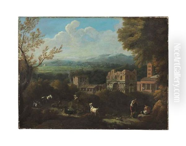 A Roman Landscape With The Arch Of Giano And San Giorgio Al Velabro With Figures And Animals Oil Painting by Jan Frans van Bloemen